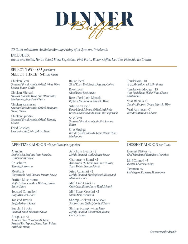 Bartolinos Dinner Buffet Menu Page 1