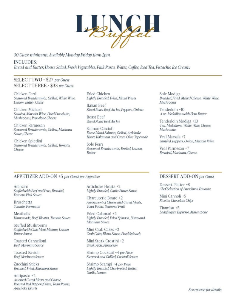 Bartolinos Lunch Buffet Menu Page 1
