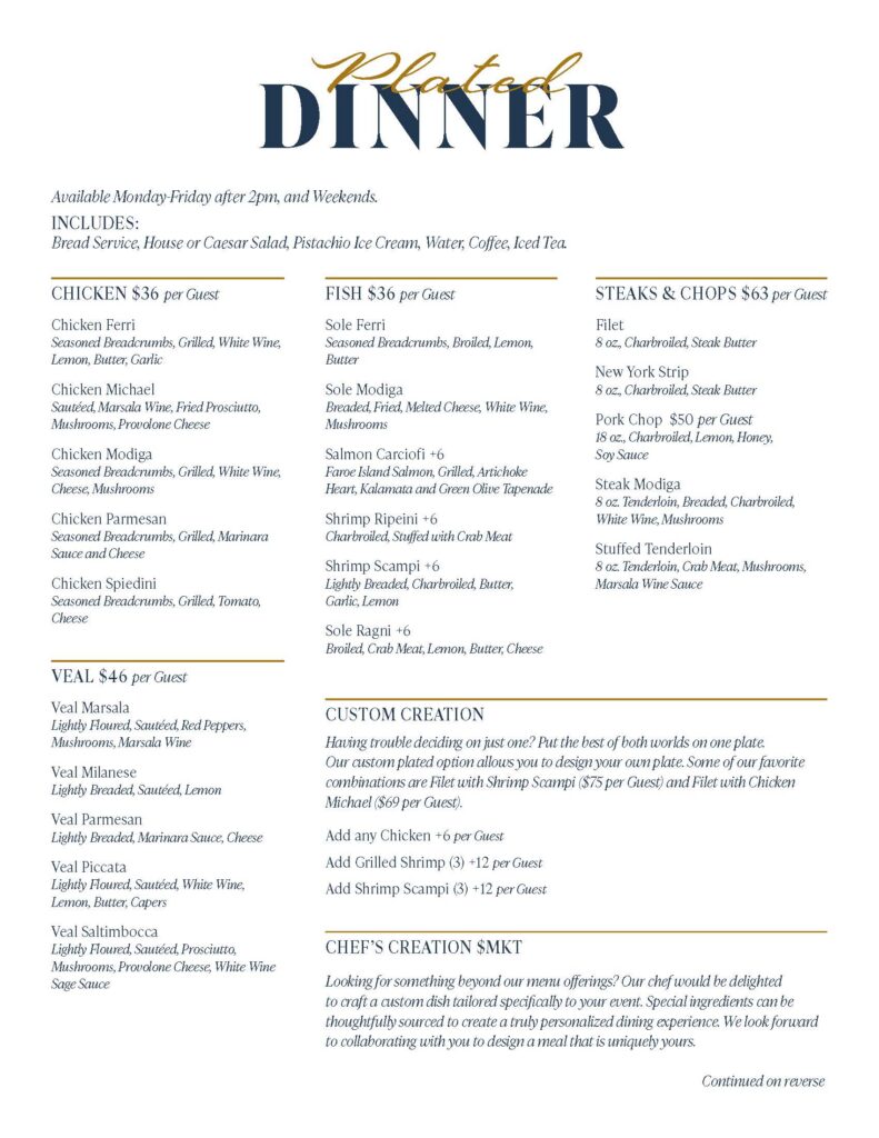 Bartolinos Plated Dinner Menu Page 1
