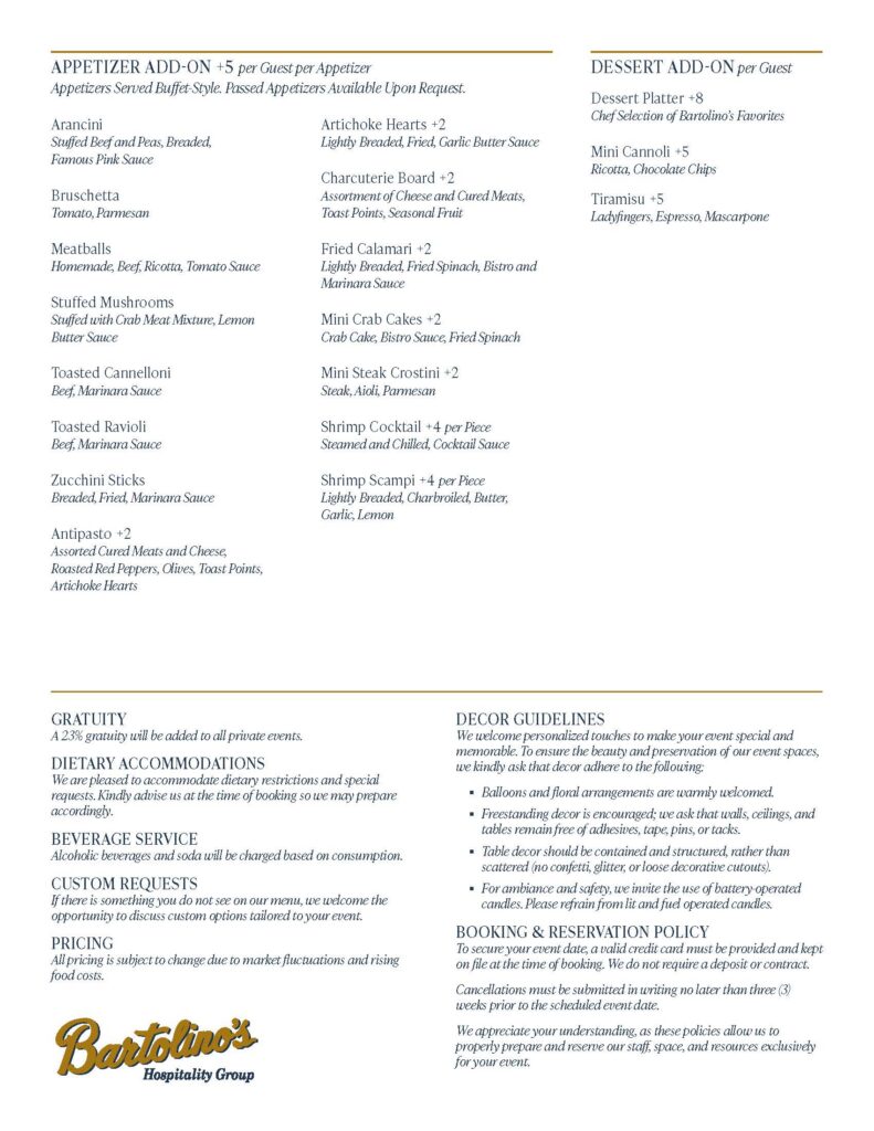 Bartolinos Plated Dinner Menu Page 2