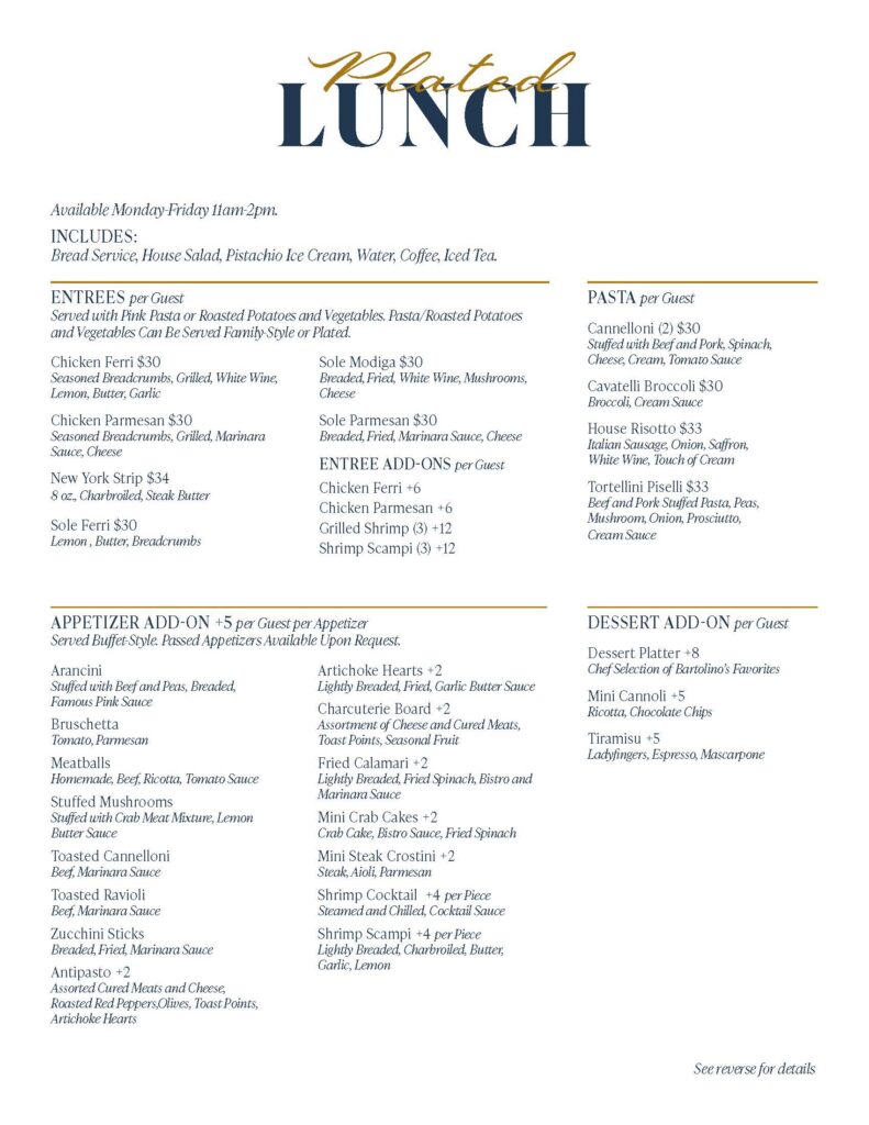 Bartolinos Plated Lunch Menu Page 1